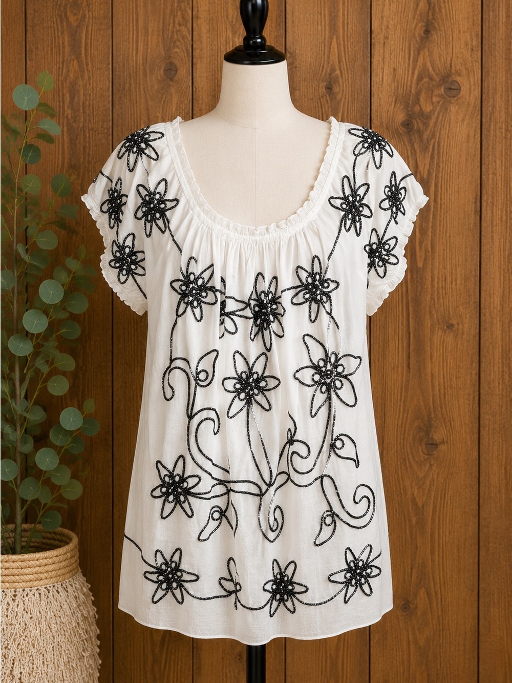 Lauren Michelle White Peasant Tunic with Black Floral Embroidery